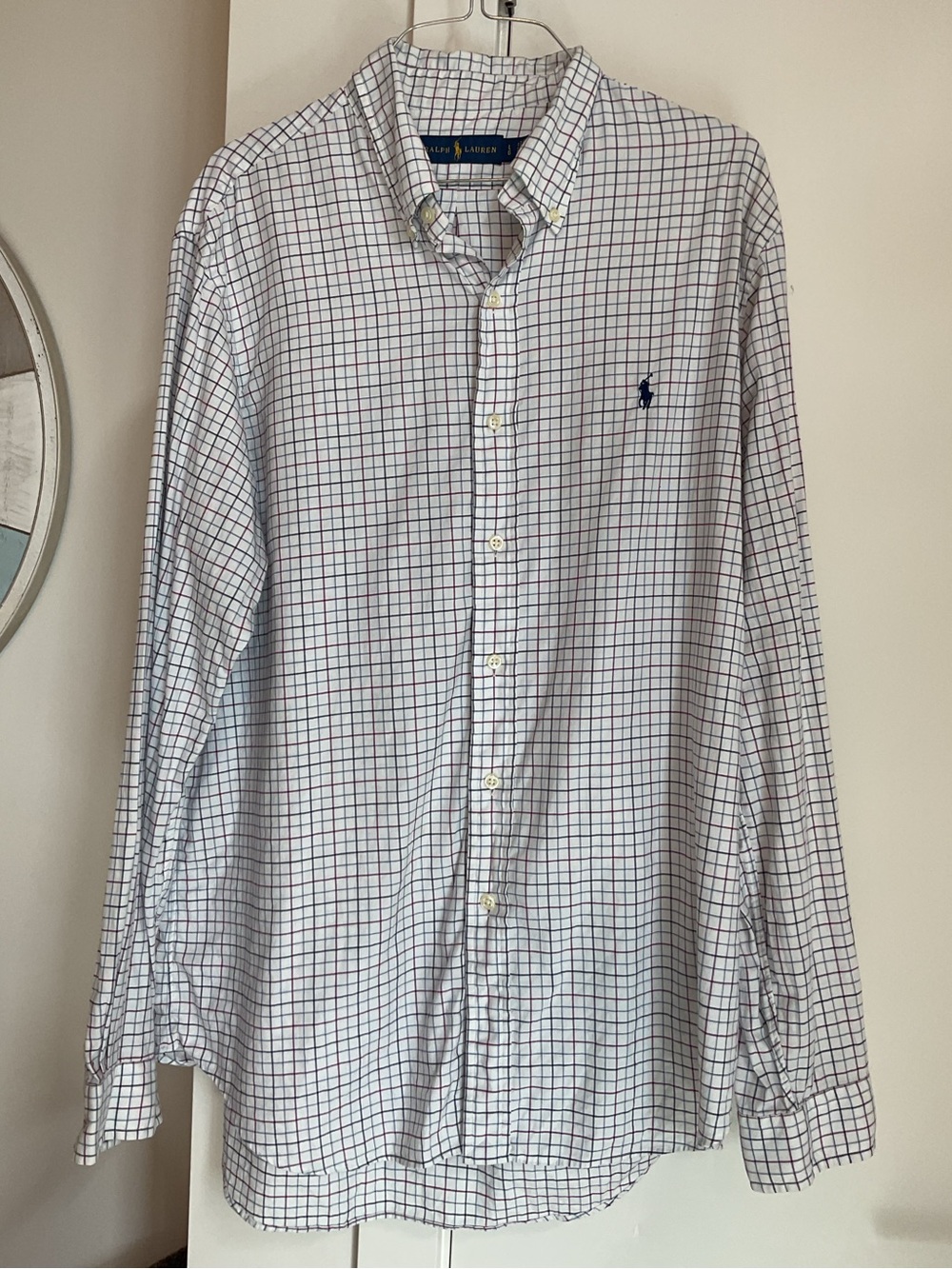 *Ralph Lauren *White Button-Down Collar Shirt with Navy & Red Windowpane Check